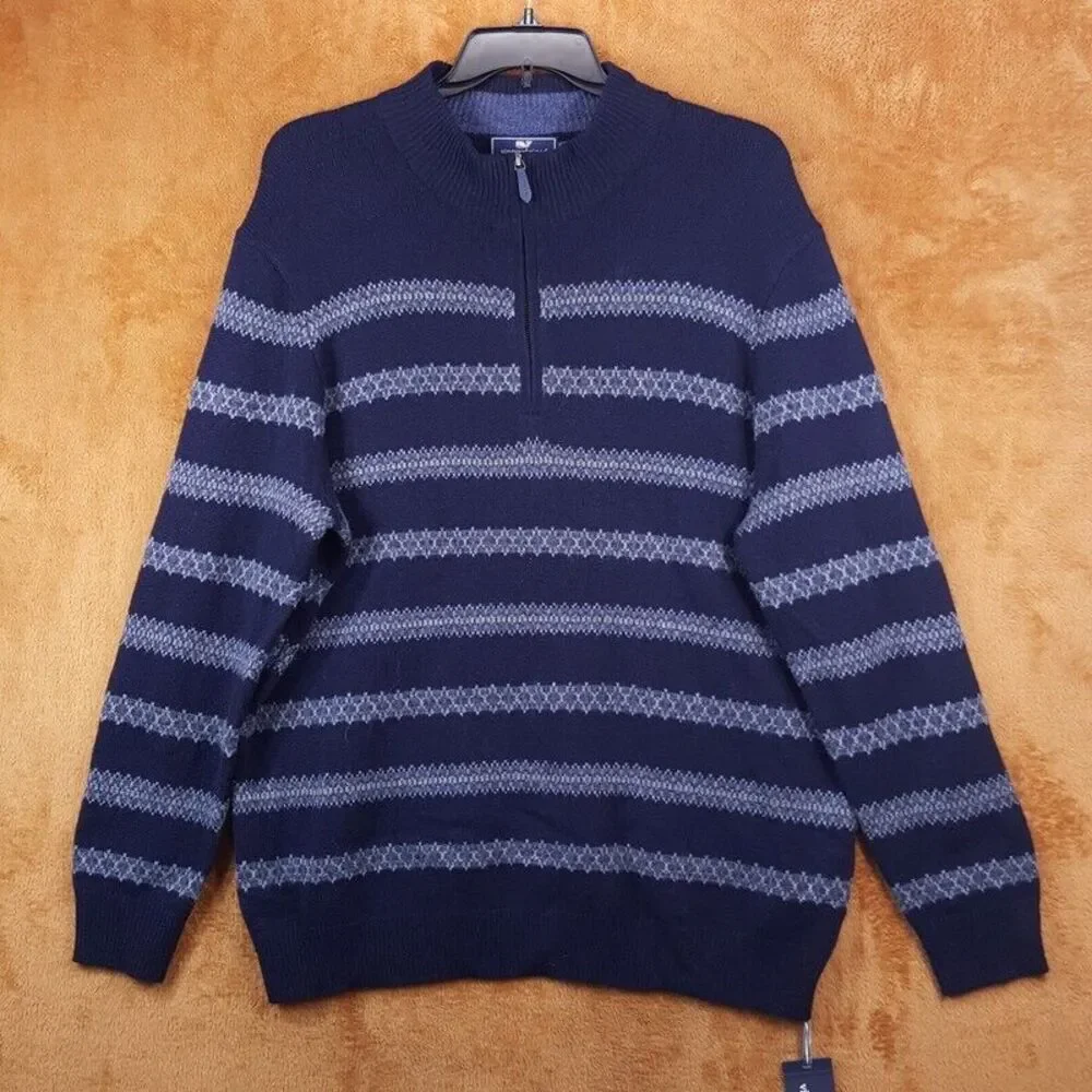 VINEYARD VINES Sweater Mens XL Blue 1/4 Zip Pullover Fair Ilse Stripe Wool $188